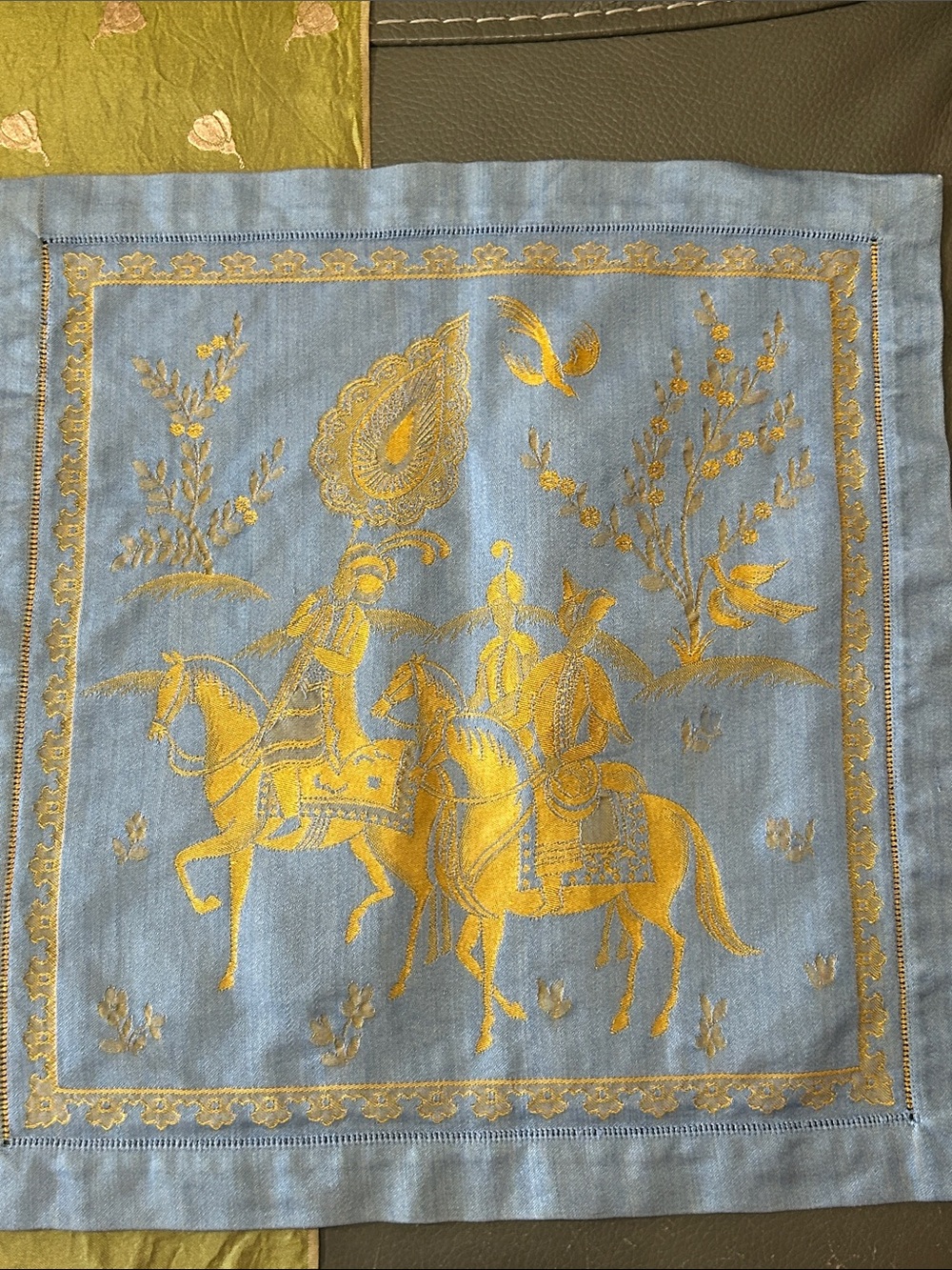 RESERVED @frenchluck Blue/Mustard Square Scarf & French Textile Runner - Picture 3 of 8